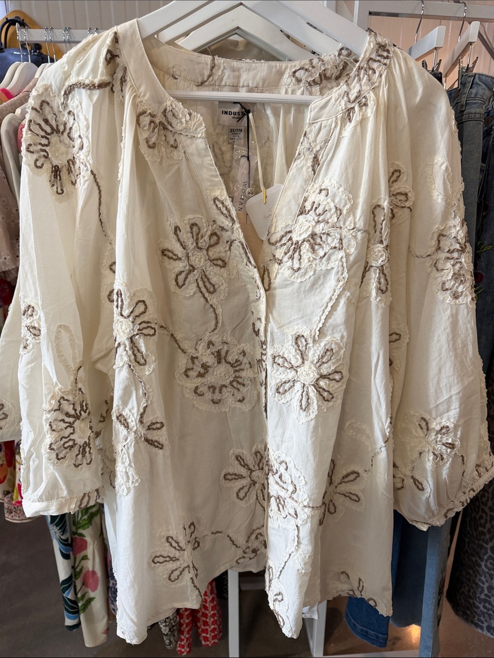 Industry Threaded Cream Embroidered Peasant Tunic Top